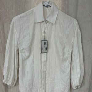 Bill Blass New York Woman’s Vintagec Eyelet Puff Sleeve  Button Shirt White  Sz2